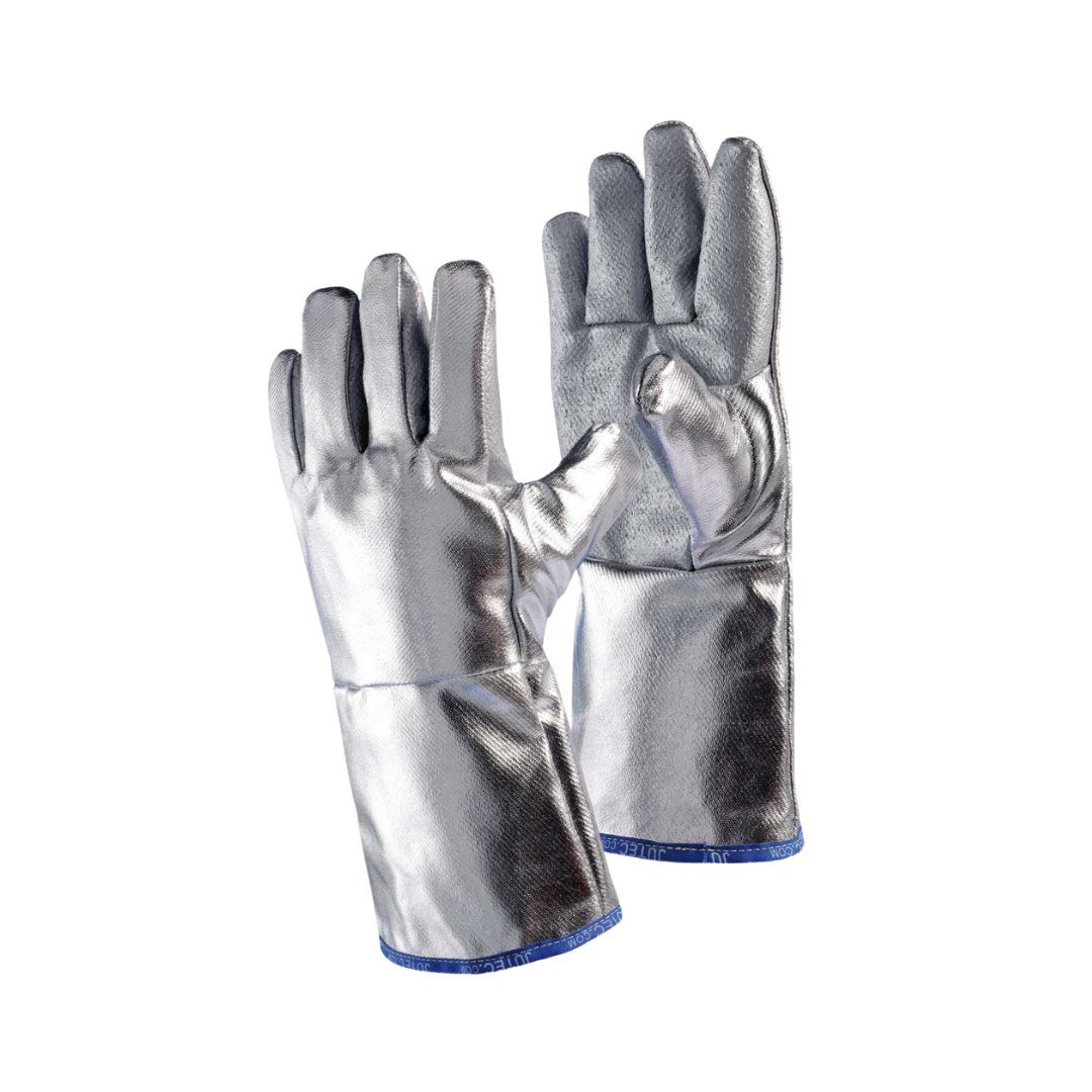 5-Finger-Handschuh aus E-Glasgewebe mit Silkonbeschichtung & Preox-Aramidgewebe, mit Futter, aluminisiert, 38 cm