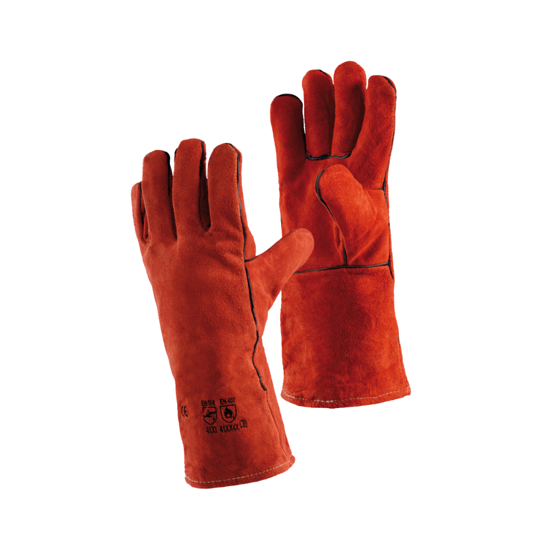 5-Finger-Handschuh aus Spaltleder, rot, mit einlagigem Baumwoll-Innenhandschuh, schnittfest, 35 cm