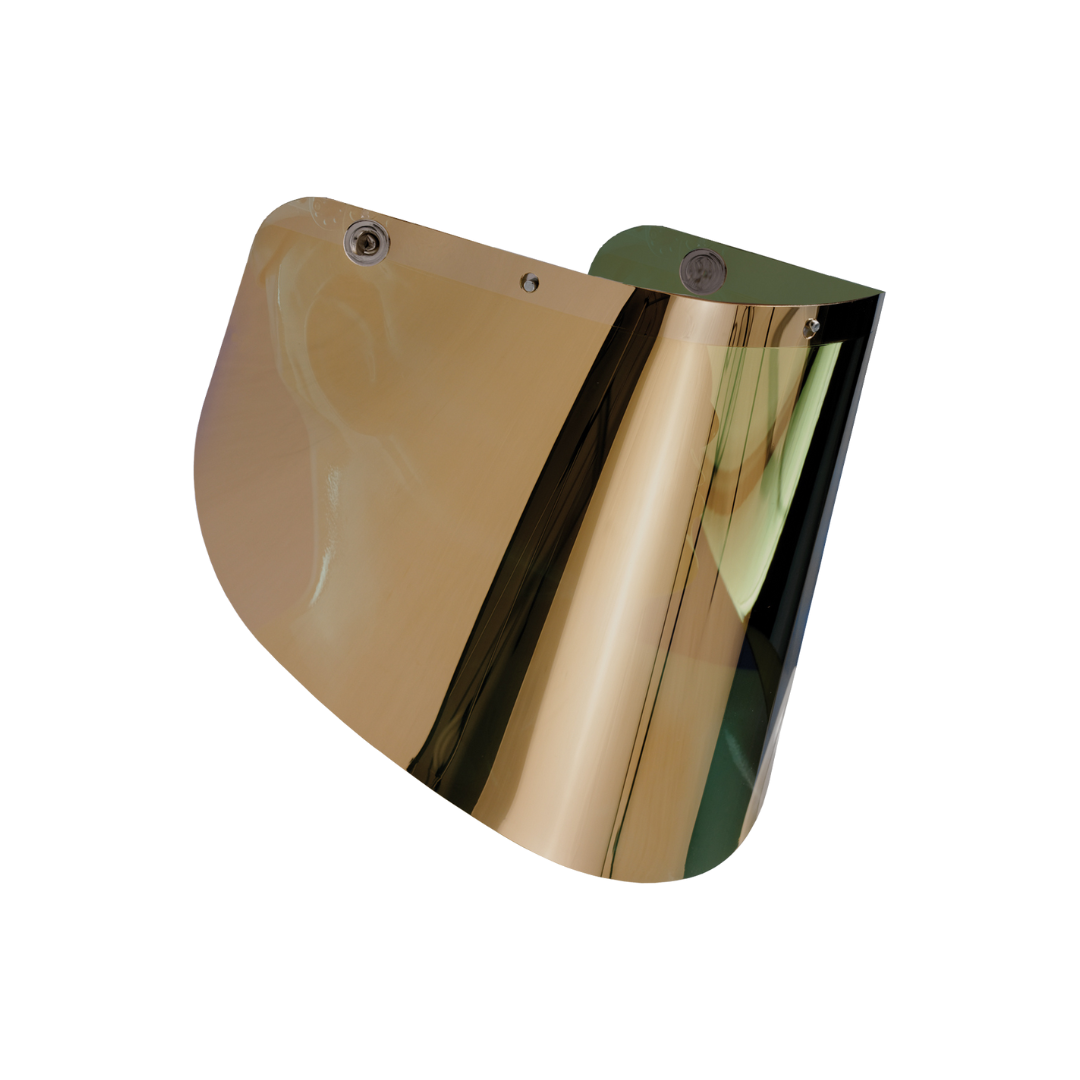 Polycarbonatscheibe goldbedampft, grün, gebogen, mit 4 Positionsösen zur Befestigung am Schwenkbügel
